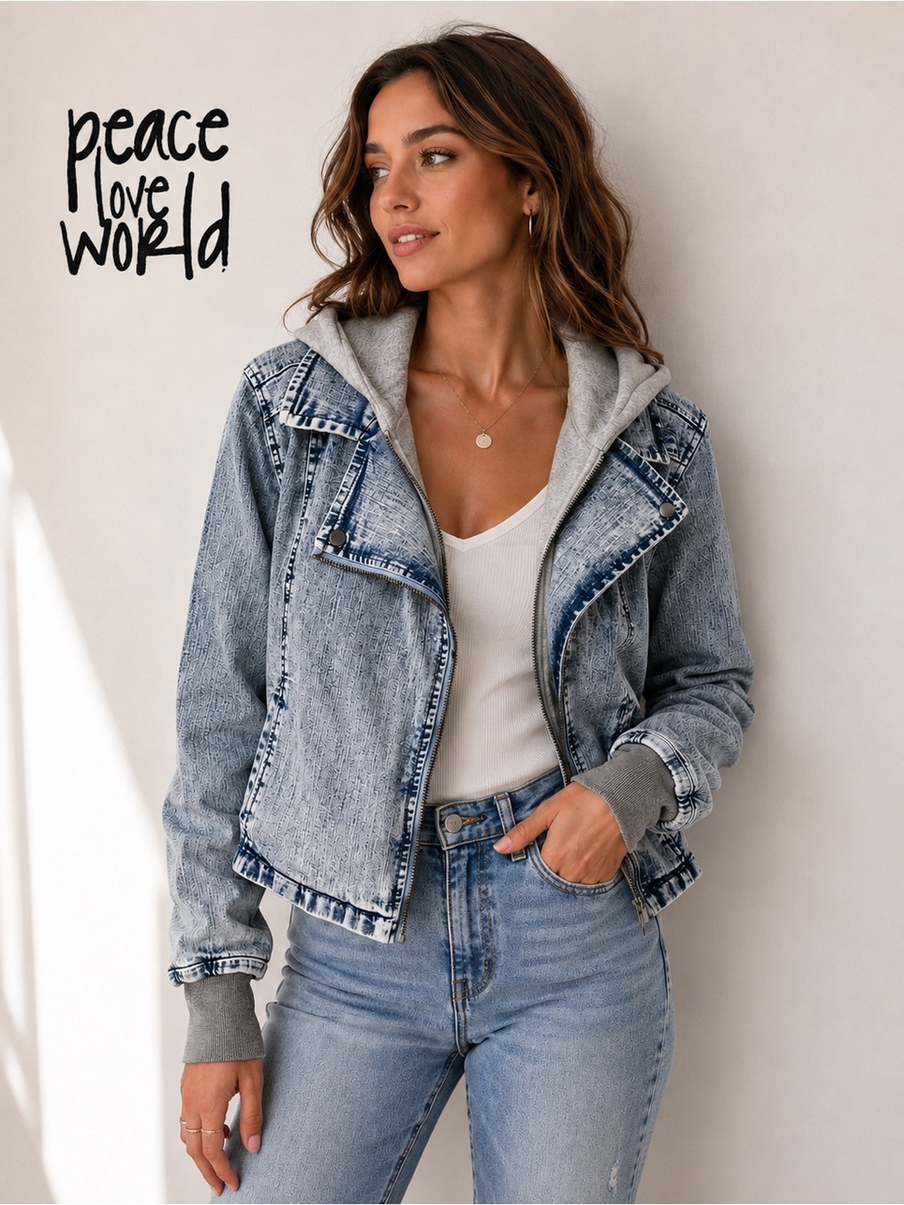 Peace Love World Hooded Denim Moto Jacket Women’s US 10 Acid Wash Knit Hoodie